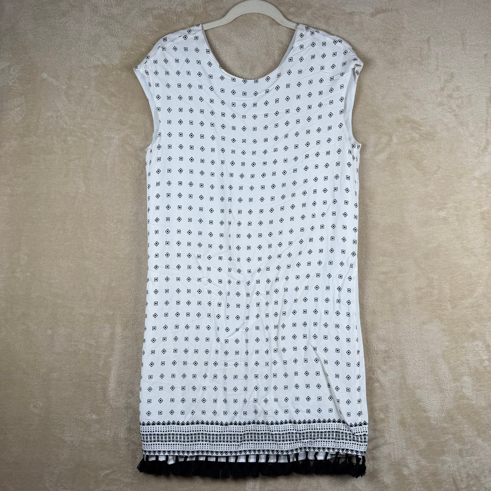 Madewell Sleeveless White Black Geometric Print Tassel Hem Dress Boho Size S